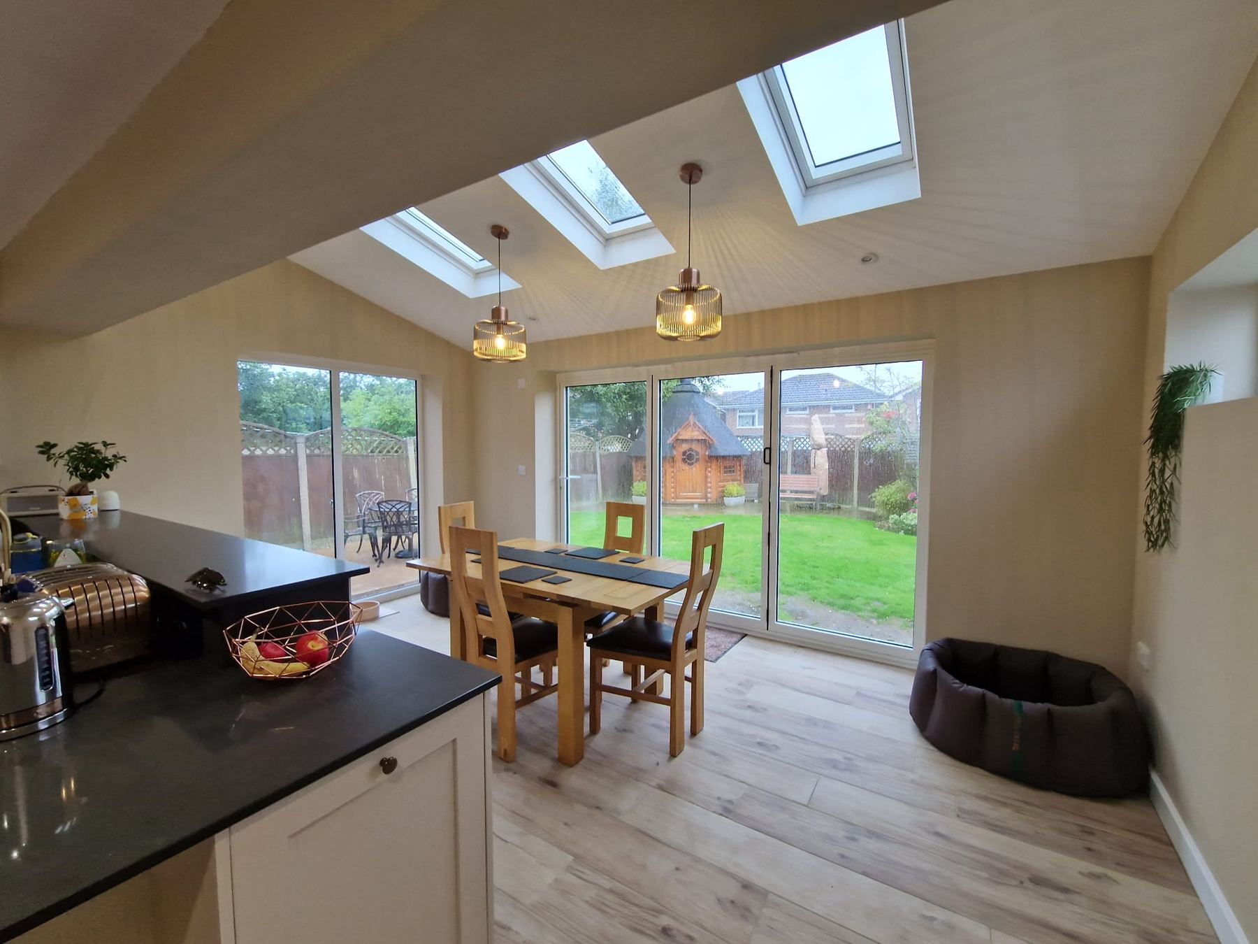 Completed open-plan kitchen and dining space
